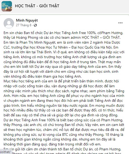 Chia se cua hoc vien Minh Nguyet ve khoa hoc IELTS HT-GT
